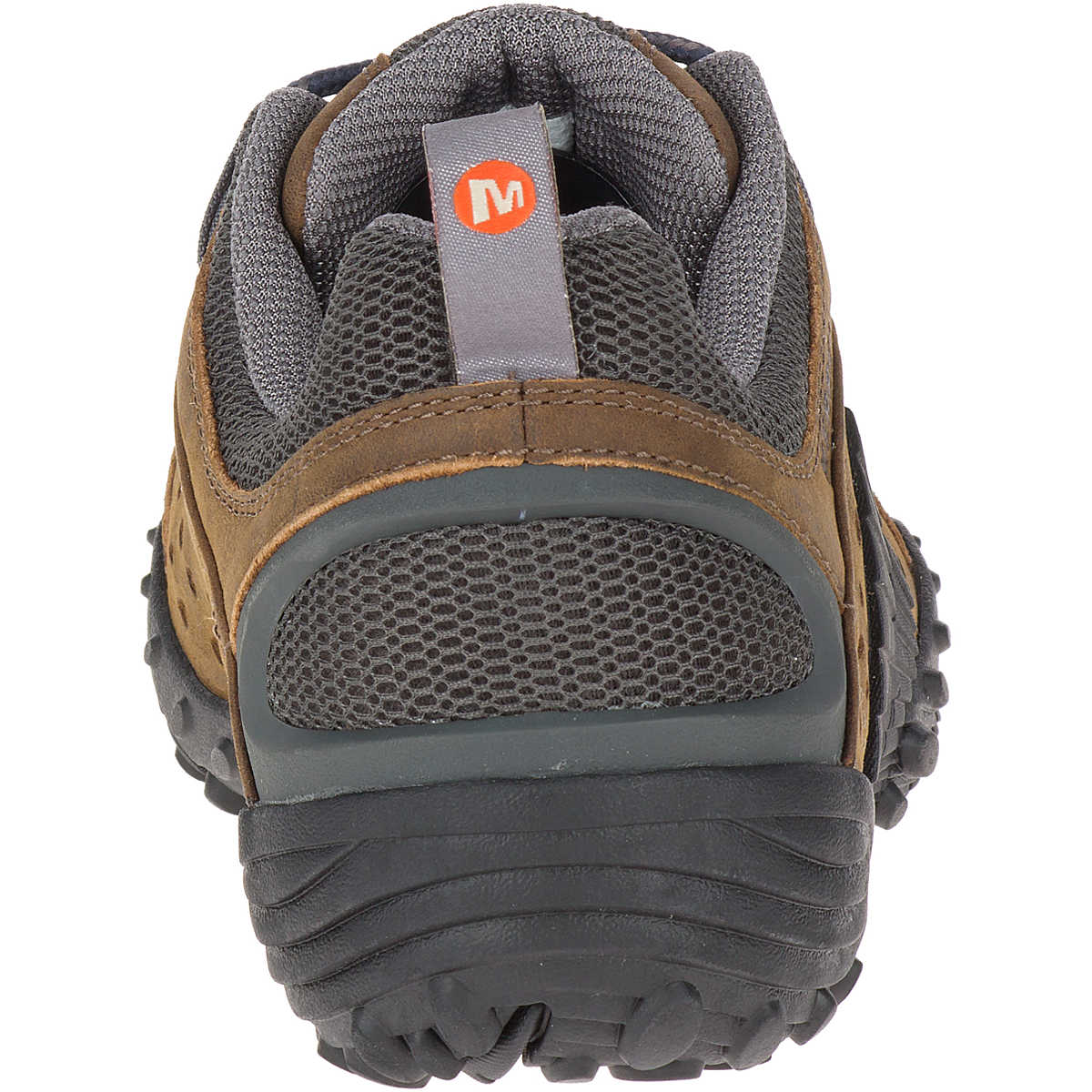A rear view of the Merrell Intercept - Men shoe shows its rugged black sole, textured mesh, and a heel loop with an orange circular logo featuring a white M—ideal as versatile trail footwear.