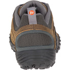 A rear view of the Merrell Intercept - Men shoe shows its rugged black sole, textured mesh, and a heel loop with an orange circular logo featuring a white M—ideal as versatile trail footwear.