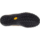 A close-up of the black rubber outsole on the Merrell Intercept - Men shoe shows a rugged, textured tread pattern with a small yellow Vibram logo near the center.