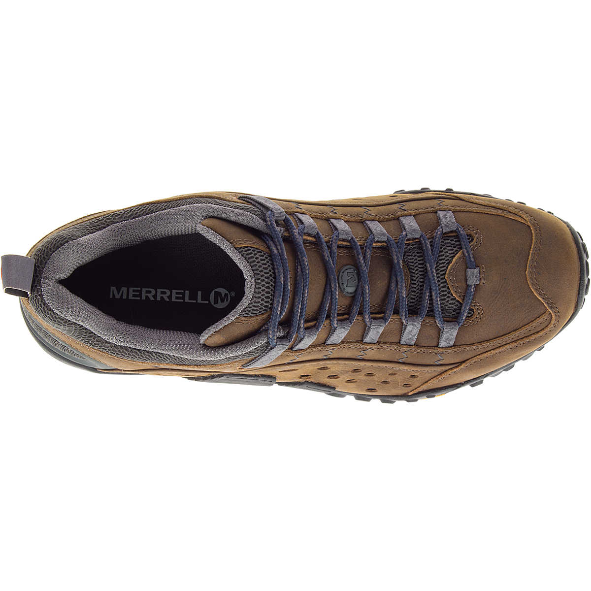 Top view of the Merrell Intercept - Men, a brown multi-sport shoe with black and gray accents, black laces, and a rugged sole. The Merrell logo appears on the insole of this versatile trail footwear.