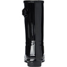 The Hunter Original Short Gloss Rain Boots for women feature a shiny black finish, small upper-side buckle, and slightly raised heel—a classic waterproof choice viewed from the back.