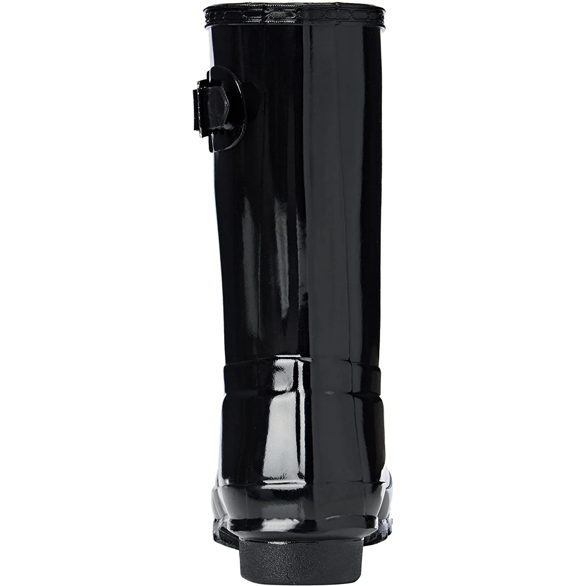 The Hunter Original Short Gloss Rain Boots for women feature a shiny black finish, small upper-side buckle, and slightly raised heel—a classic waterproof choice viewed from the back.