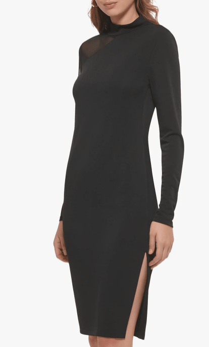 DKNY Long Sleeve Mock Neck Mesh Shoulder Maxi Dress Black Medium 755405614696 Shoe Deals Outlet