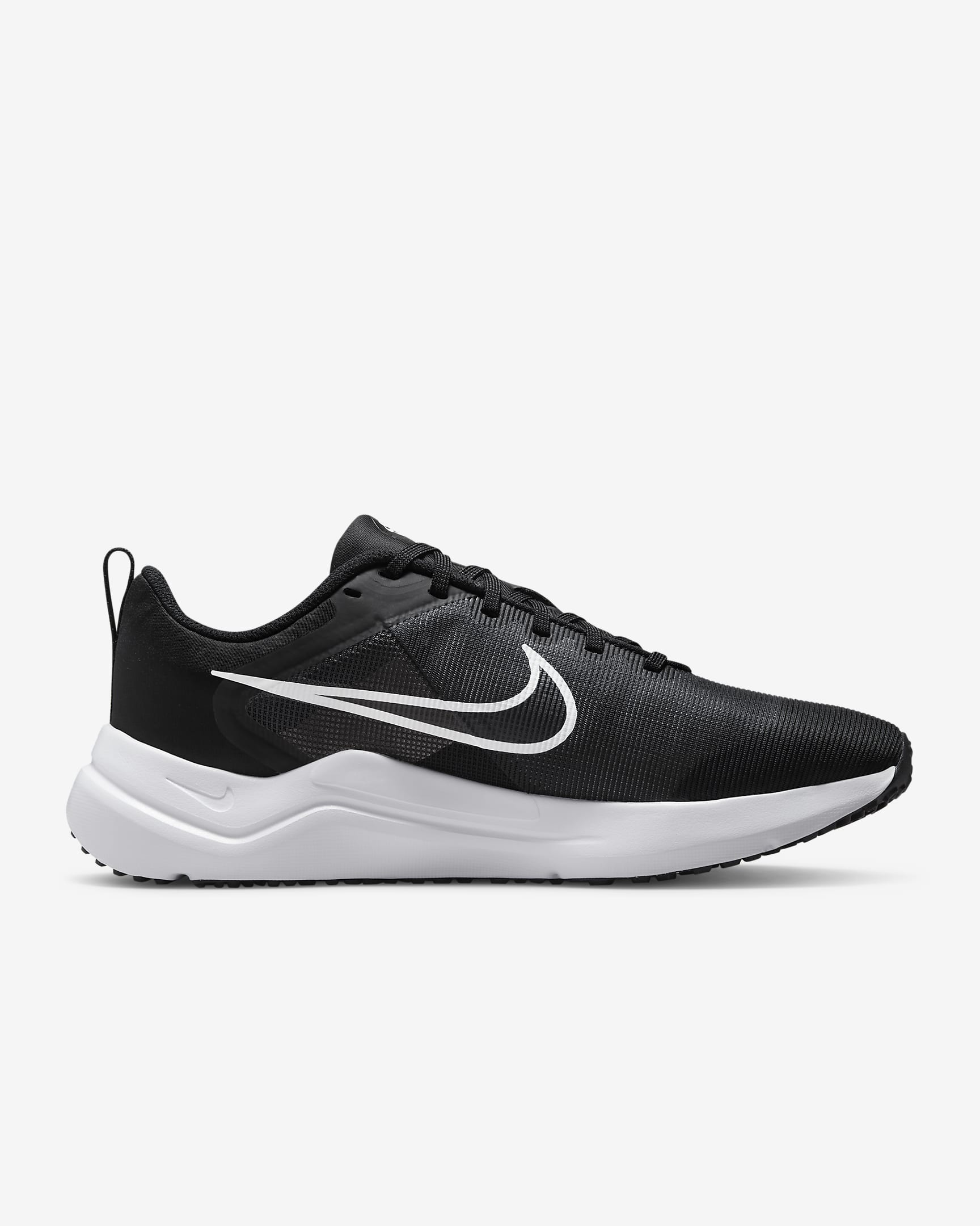 The Nike Downshifter 12 - Women’s running shoe in black, featuring a white swoosh logo and sole, is shown in side profile against a plain white background and delivers lightweight support.