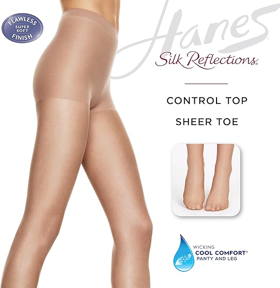Hanes Silk Reflections Silky Sheer Reinforced Toe Control Top Pantyhose Nude CD 012036737638 Shoe Deals Outlet