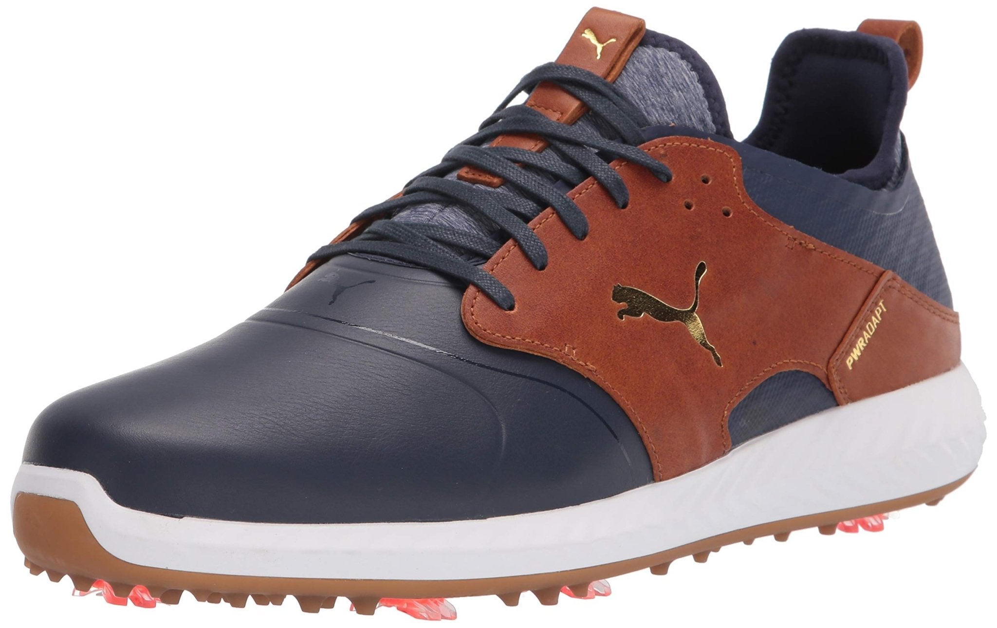 PUMA Ignite PWRADAPT Caged Crafted Golf Shoes - Men's Peacoat - leather Brown - puma Team Gold Shoe Deals Outlet