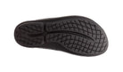 The image shows the black rubber sole of the OOFOS OOlala Sandal - Unisex, featuring a curved tread pattern and crisscrossed grooves for traction with OOfoam technology, viewed from the bottom against a white background.