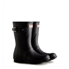 A pair of black Hunter Original Short Rain Boots for women, featuring side buckles and red-and-white Hunter labels on the front, shown against a plain white background.