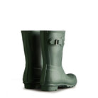 A pair of Hunter Original Short Rain Boots for women in green, featuring side buckles and displayed with the backs facing forward against a white background.