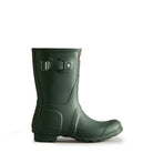 A single Hunter Original Short Rain Boot for women in dark green with a side buckle detail, shown on a white background.