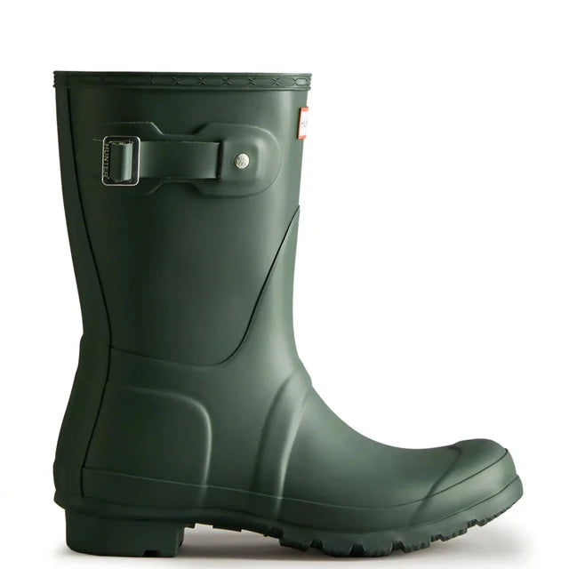 A Hunter Original Short Rain Boot for women in dark green, featuring a side buckle, is shown from the left side against a plain white background.