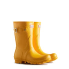 A pair of Hunter Original Short Rain Boots for women in bright yellow with a side buckle and textured soles, displayed side by side on a white background.